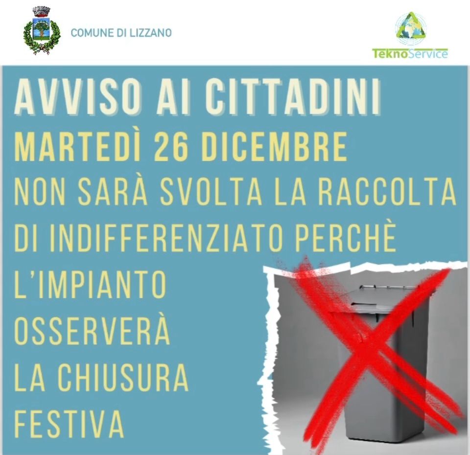 Immagine di Avviso ai cittadini - sospensione raccolta rifiuto indifferenziato per martedi' 26 dicembre 2023